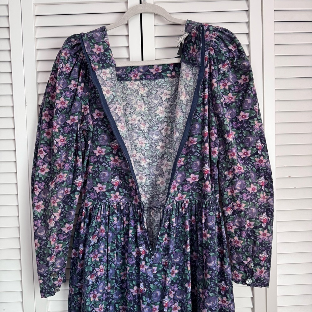 Laura Ashley Vintage Corduroy Puff Sleeve Floral Dress Cottagecore Purple 10 - Picture 7 of 11